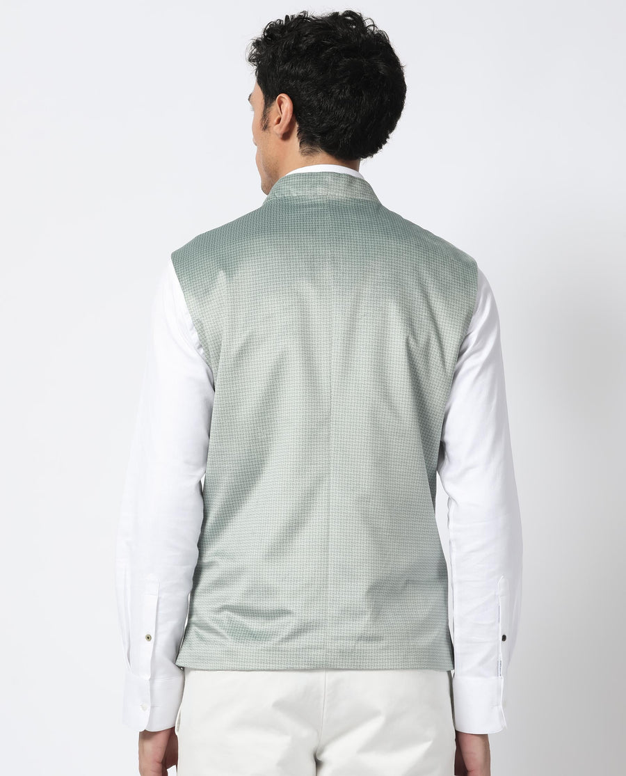 Rare Rabbit Men's Emerald Light Blue Polyester Plain Tailored Fit Sleeveless Mandarin Collar Bandhgala Rare Rabbit Men's Lasmos-B1 Beige Viscose Embroidered Regular Fit Sleeveless Mandarin Collar Bandhgala Nehru Jacket