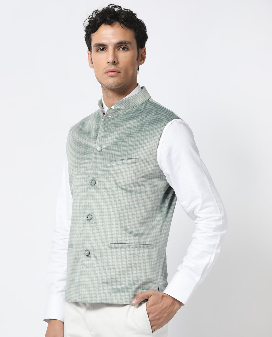 Rare Rabbit Men's Emerald Light Blue Polyester Plain Tailored Fit Sleeveless Mandarin Collar Bandhgala Rare Rabbit Men's Lasmos-B1 Beige Viscose Embroidered Regular Fit Sleeveless Mandarin Collar Bandhgala Nehru Jacket