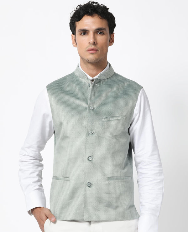 Rare Rabbit Men's Emerald Light Blue Polyester Plain Tailored Fit Sleeveless Mandarin Collar Bandhgala Rare Rabbit Men's Lasmos-B1 Beige Viscose Embroidered Regular Fit Sleeveless Mandarin Collar Bandhgala Nehru Jacket