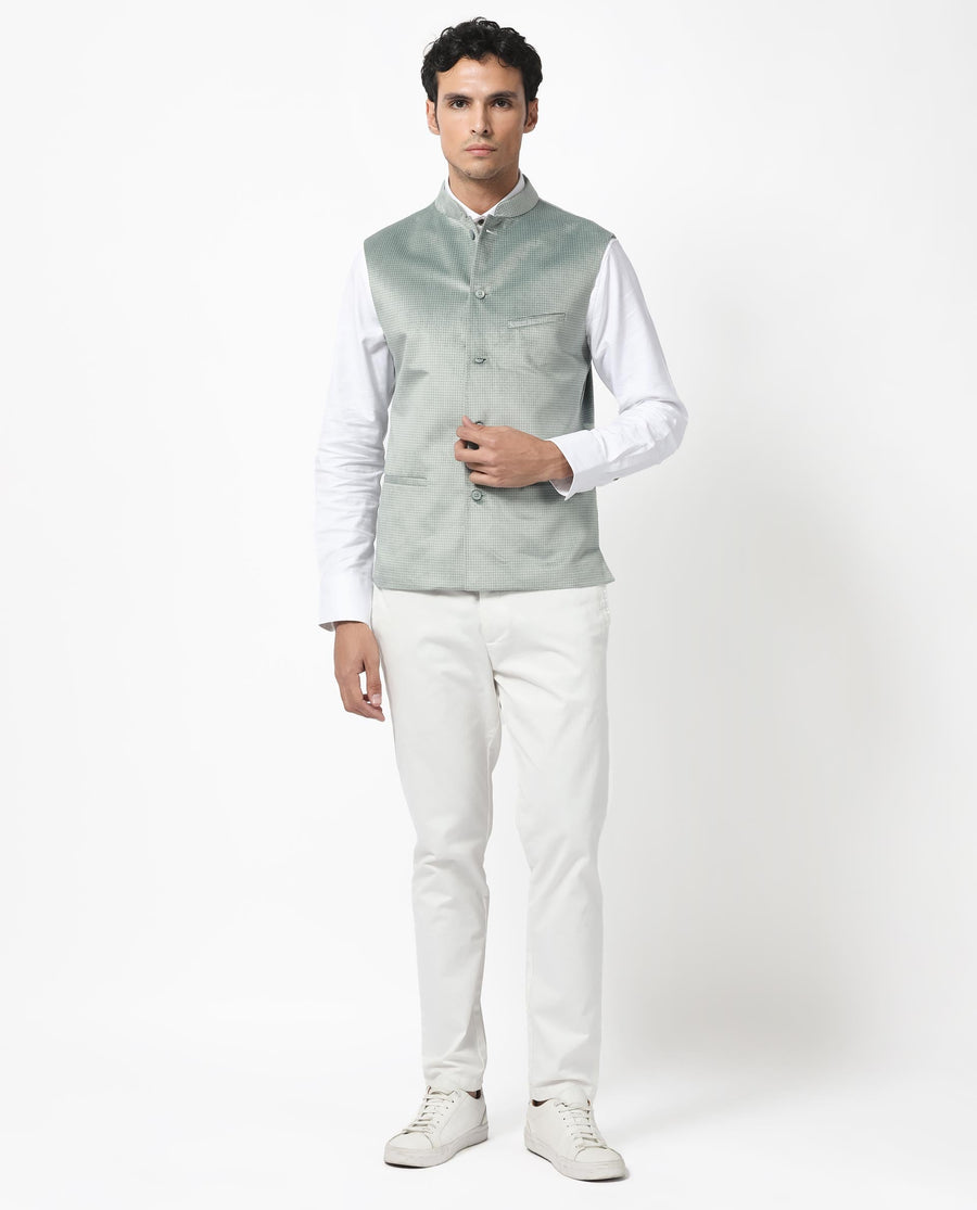 Rare Rabbit Men's Emerald Light Blue Polyester Plain Tailored Fit Sleeveless Mandarin Collar Bandhgala Rare Rabbit Men's Lasmos-B1 Beige Viscose Embroidered Regular Fit Sleeveless Mandarin Collar Bandhgala Nehru Jacket