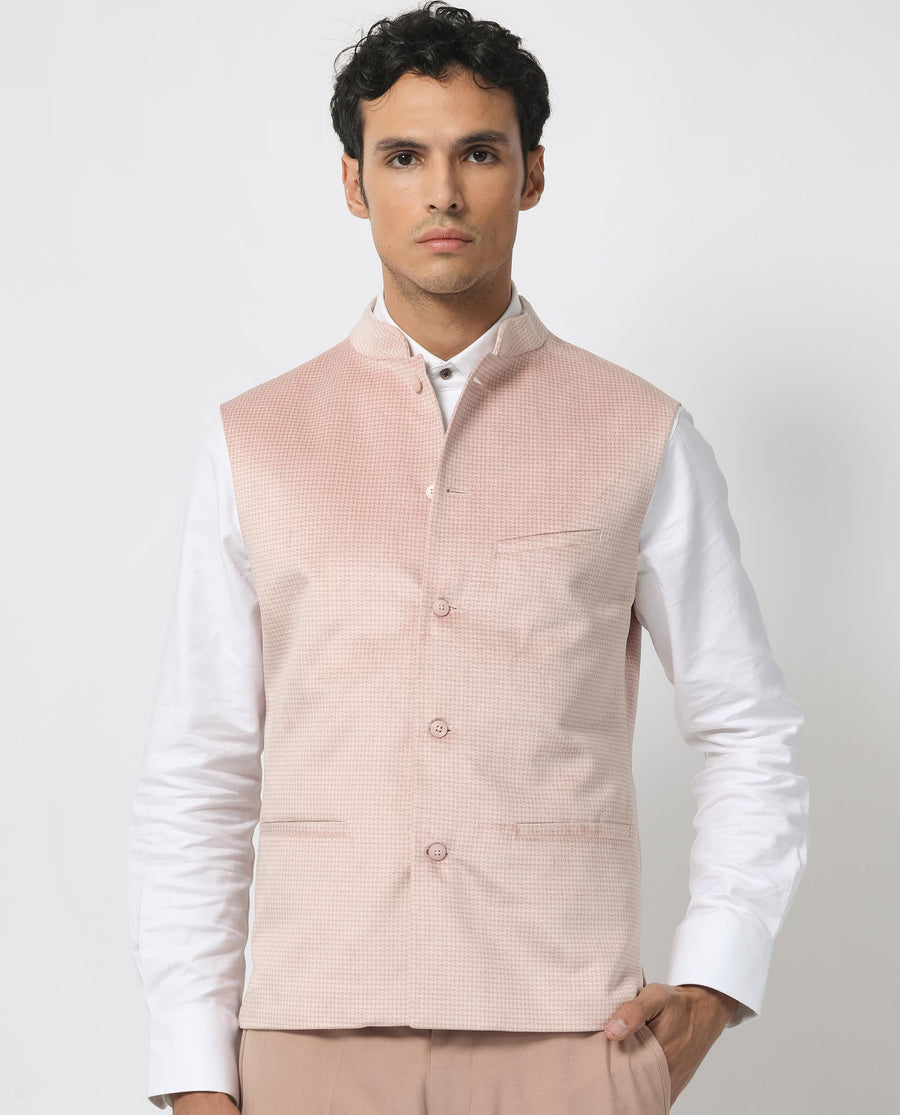 Rare Rabbit Men's Emerald Light Pink Polyester Plain Tailored Fit Sleeveless Mandarin Collar Bandhgala Rare Rabbit Men's Lasmos-B1 Beige Viscose Embroidered Regular Fit Sleeveless Mandarin Collar Bandhgala Nehru Jacket