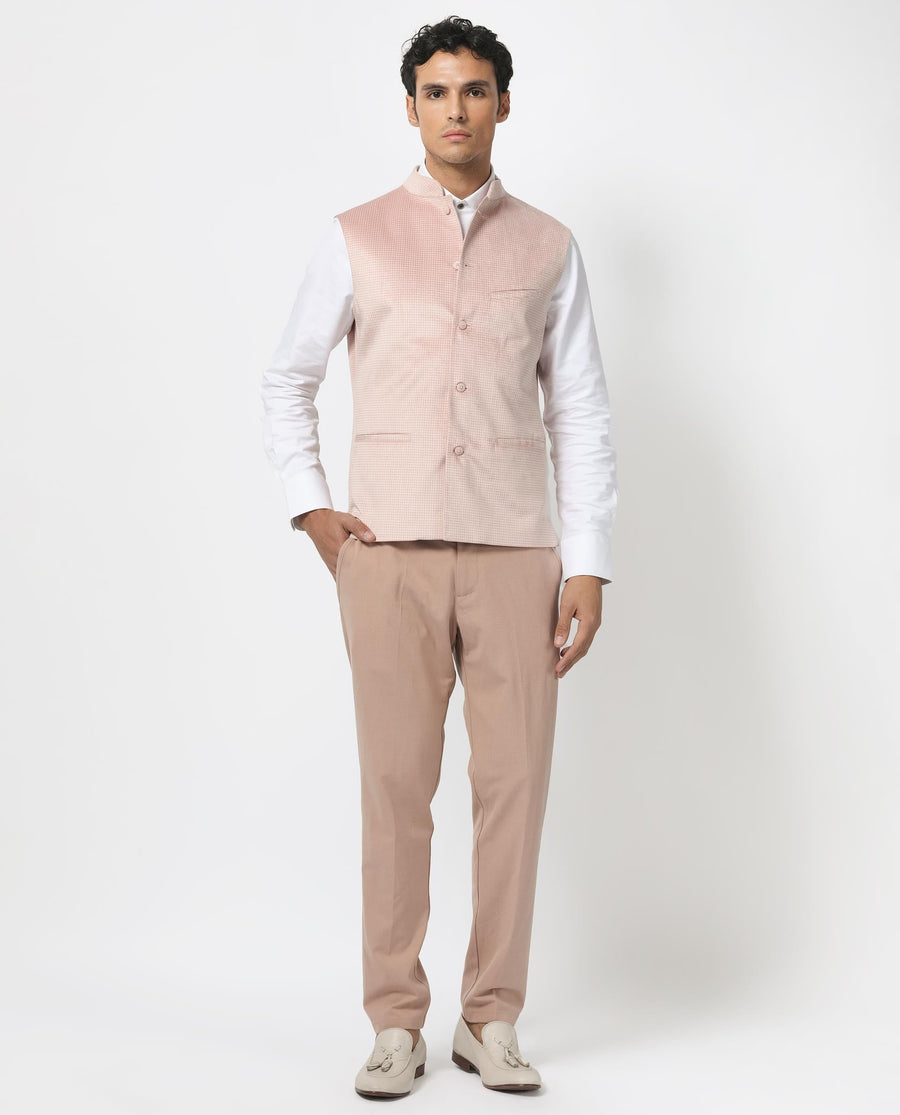 Rare Rabbit Men's Emerald Light Pink Polyester Plain Tailored Fit Sleeveless Mandarin Collar Bandhgala Rare Rabbit Men's Lasmos-B1 Beige Viscose Embroidered Regular Fit Sleeveless Mandarin Collar Bandhgala Nehru Jacket