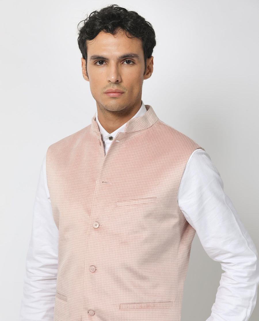 Rare Rabbit Men's Emerald Light Pink Polyester Plain Tailored Fit Sleeveless Mandarin Collar Bandhgala Rare Rabbit Men's Lasmos-B1 Beige Viscose Embroidered Regular Fit Sleeveless Mandarin Collar Bandhgala Nehru Jacket