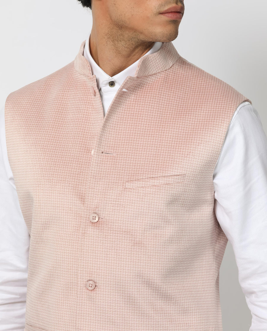 Rare Rabbit Men's Emerald Light Pink Polyester Plain Tailored Fit Sleeveless Mandarin Collar Bandhgala Rare Rabbit Men's Lasmos-B1 Beige Viscose Embroidered Regular Fit Sleeveless Mandarin Collar Bandhgala Nehru Jacket