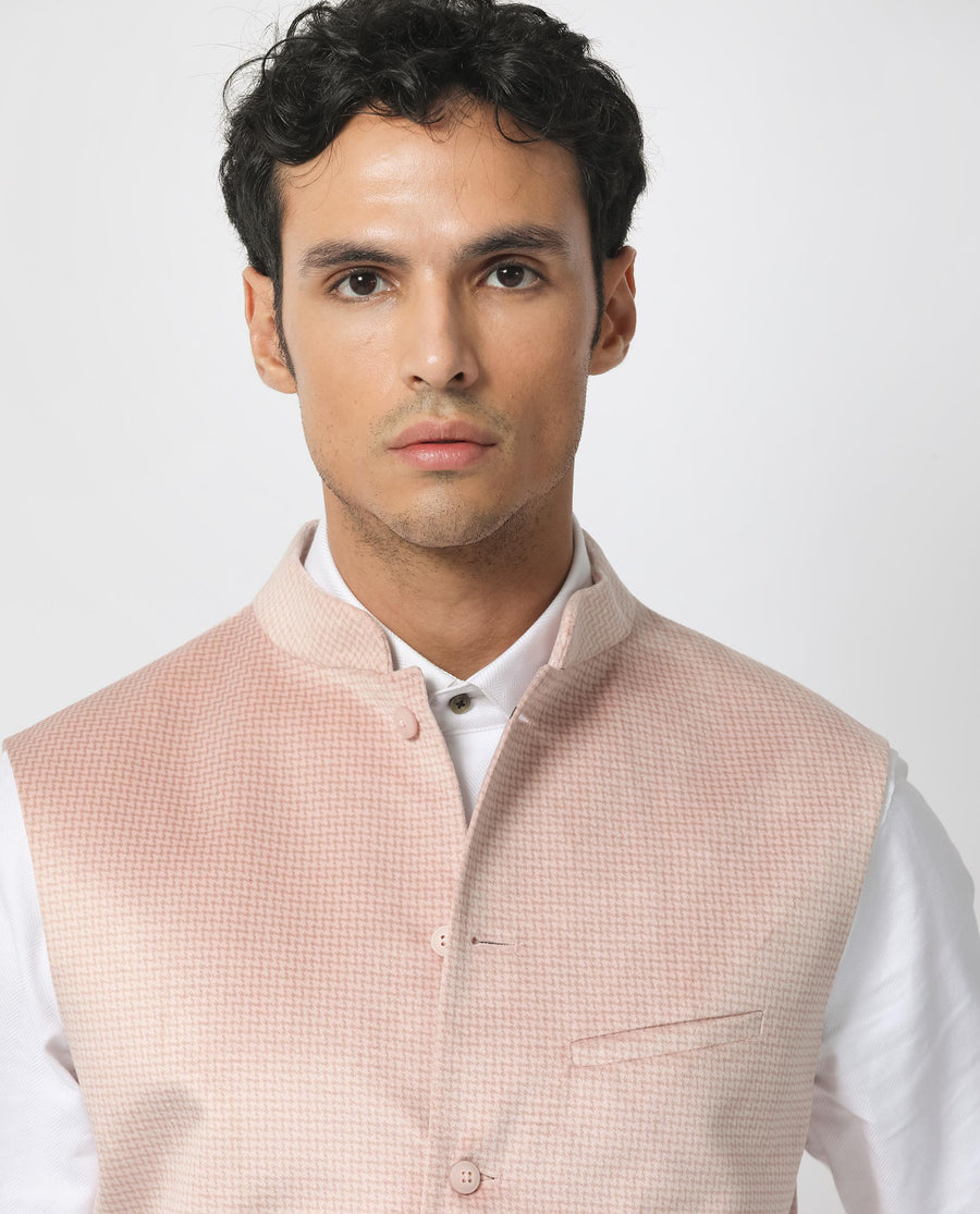 Rare Rabbit Men's Emerald Light Pink Polyester Plain Tailored Fit Sleeveless Mandarin Collar Bandhgala Rare Rabbit Men's Lasmos-B1 Beige Viscose Embroidered Regular Fit Sleeveless Mandarin Collar Bandhgala Nehru Jacket