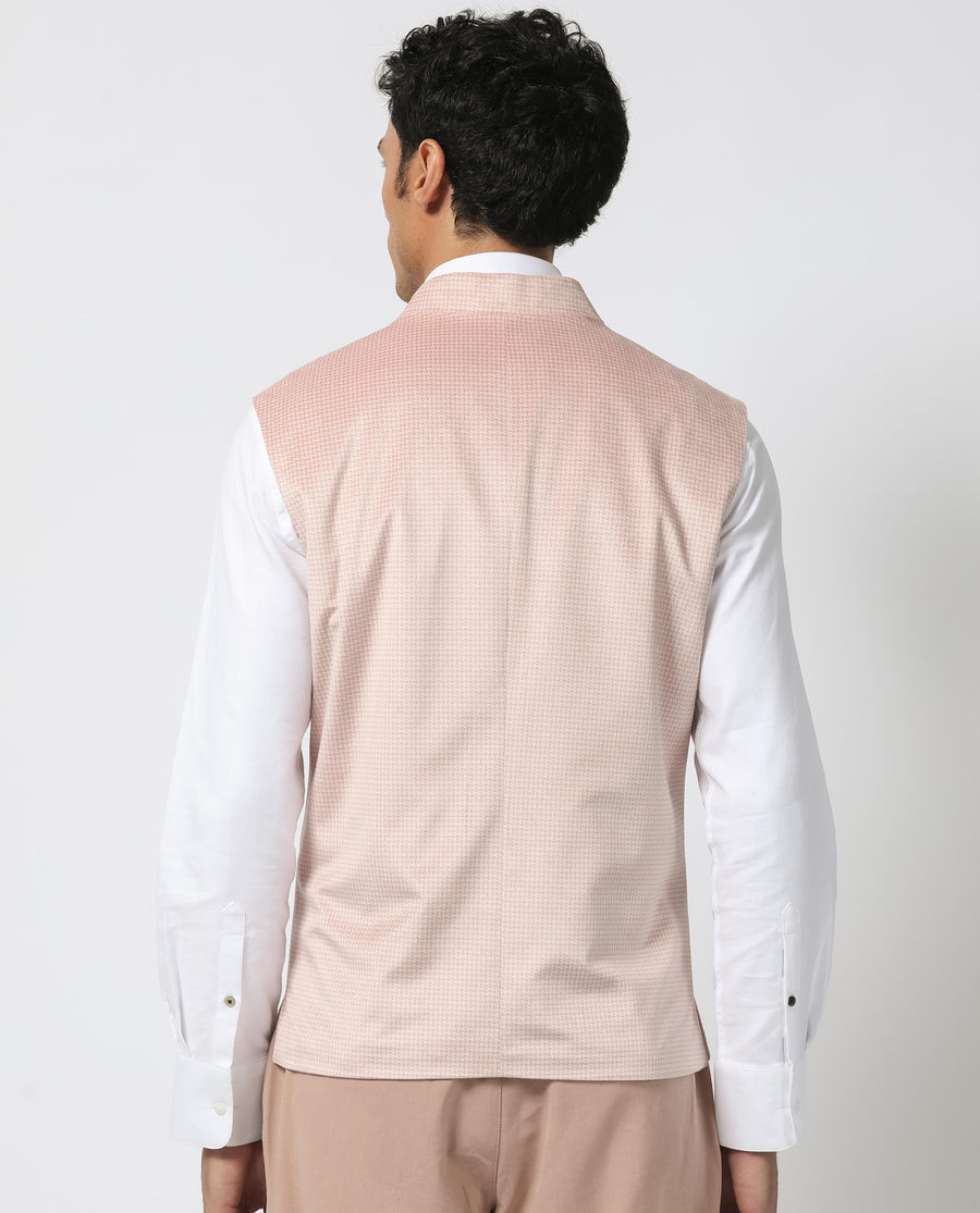 Rare Rabbit Men's Emerald Light Pink Polyester Plain Tailored Fit Sleeveless Mandarin Collar Bandhgala Rare Rabbit Men's Lasmos-B1 Beige Viscose Embroidered Regular Fit Sleeveless Mandarin Collar Bandhgala Nehru Jacket