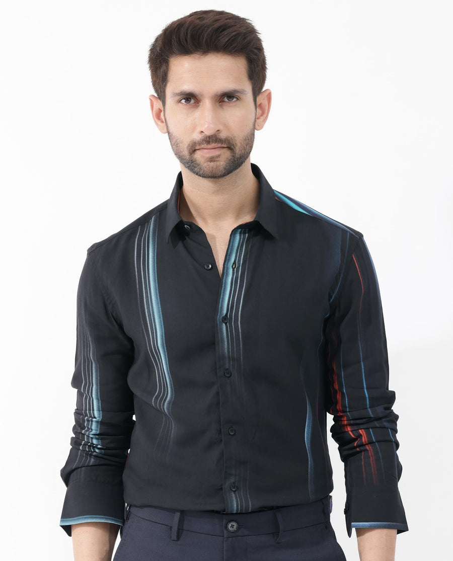 Rare Rabbit Men's Emmett Black Cotton Abstract Print Regular Fit Full Sleeve Collared Shirt