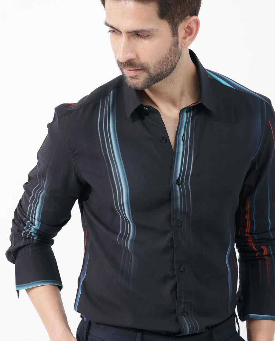 Rare Rabbit Men's Emmett Black Cotton Abstract Print Regular Fit Full Sleeve Collared Shirt