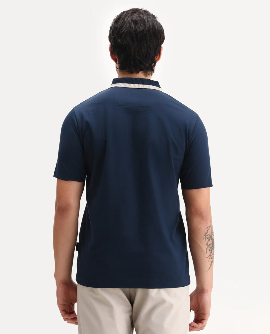 Rare Rabbit Men's Emor Dark Navy Cotton Fabric Half Sleeve Spread Collar Plain Polo