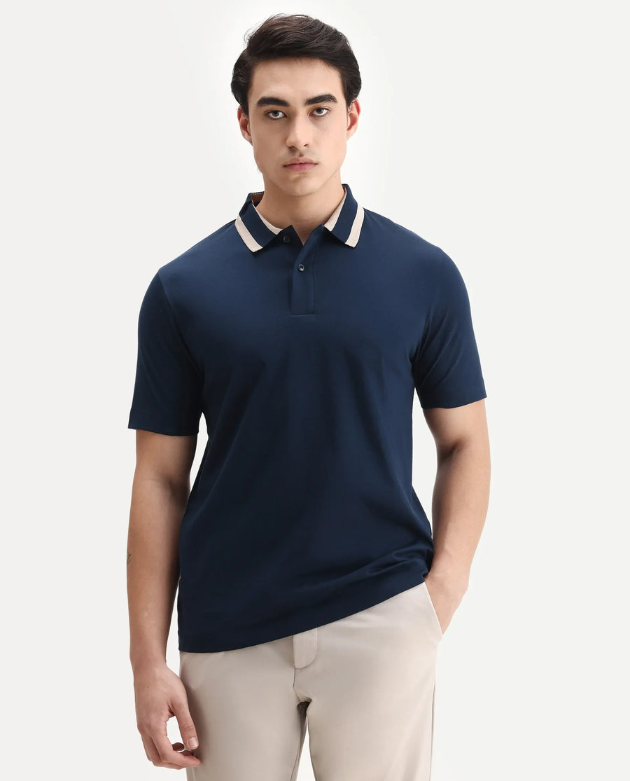 Rare Rabbit Men's Emor Dark Navy Cotton Fabric Half Sleeve Spread Collar Plain Polo