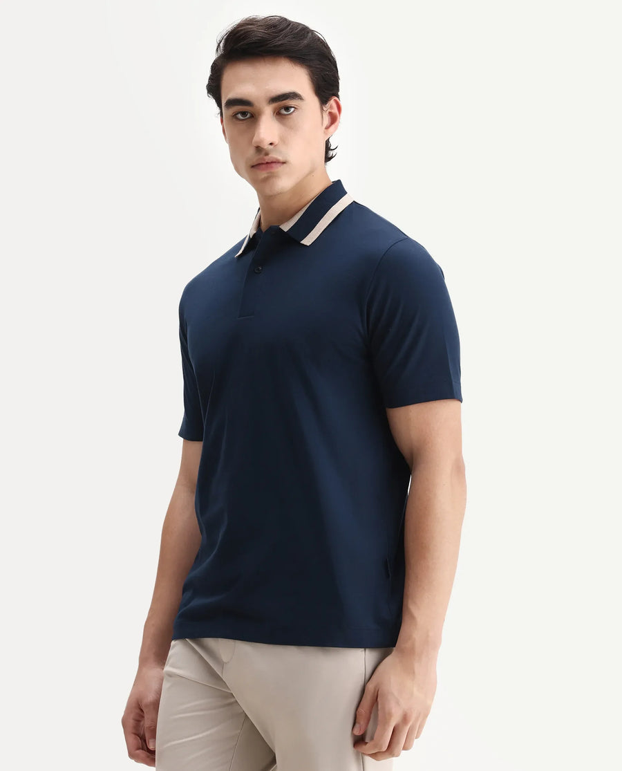 Rare Rabbit Men's Emor Dark Navy Cotton Fabric Half Sleeve Spread Collar Plain Polo