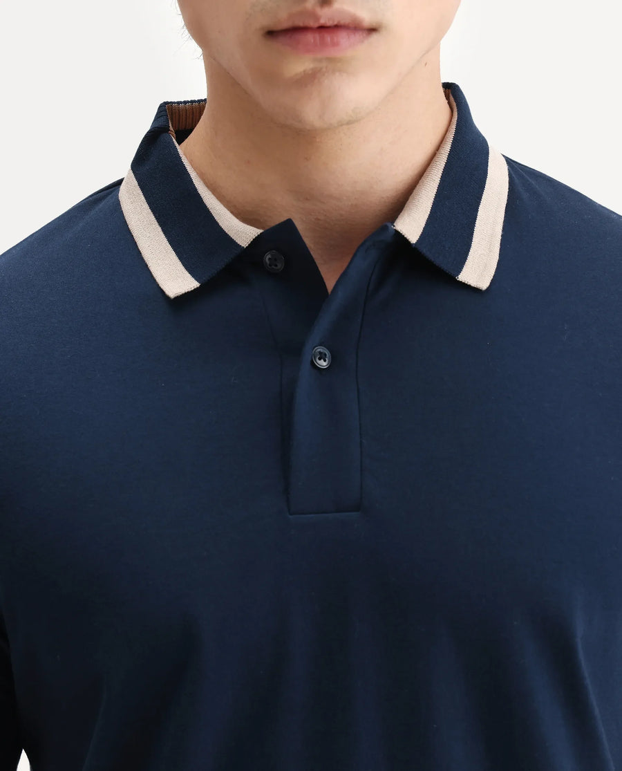 Rare Rabbit Men's Emor Dark Navy Cotton Fabric Half Sleeve Spread Collar Plain Polo