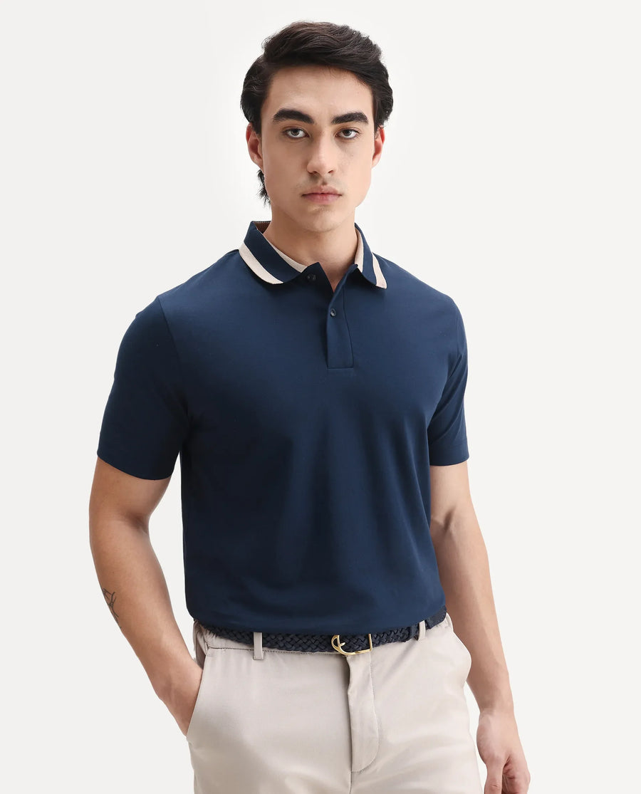 Rare Rabbit Men's Emor Dark Navy Cotton Fabric Half Sleeve Spread Collar Plain Polo