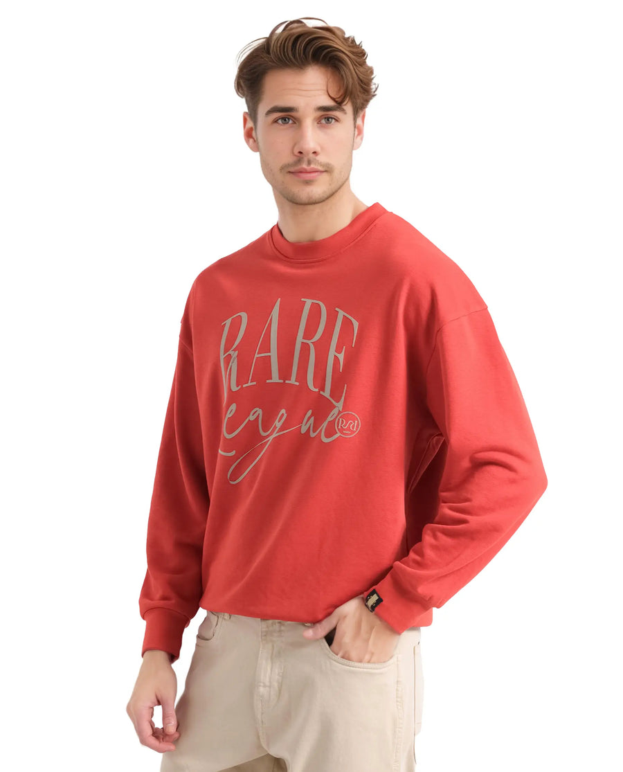 Rare Rabbit Men's Emro Orange Cotton Blend Printed Oversized Fit Full Sleeve Crew Neck Sweatshirt