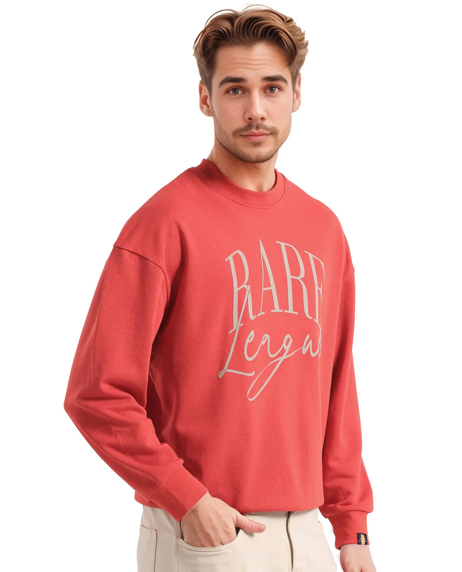 Rare Rabbit Men's Emro Orange Cotton Blend Printed Oversized Fit Full Sleeve Crew Neck Sweatshirt