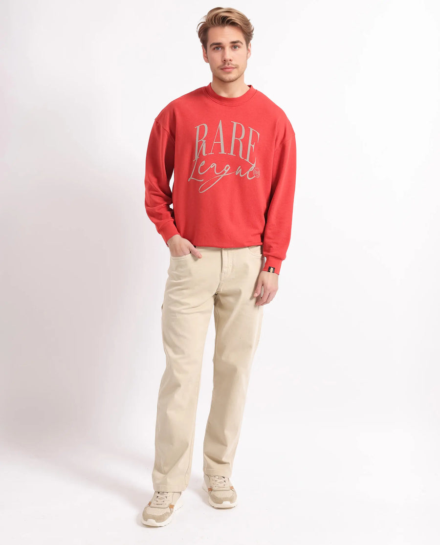 Rare Rabbit Men's Emro Orange Cotton Blend Printed Oversized Fit Full Sleeve Crew Neck Sweatshirt