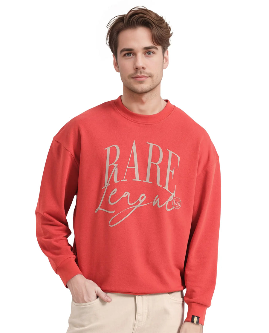 Rare Rabbit Men's Emro Orange Cotton Blend Printed Oversized Fit Full Sleeve Crew Neck Sweatshirt
