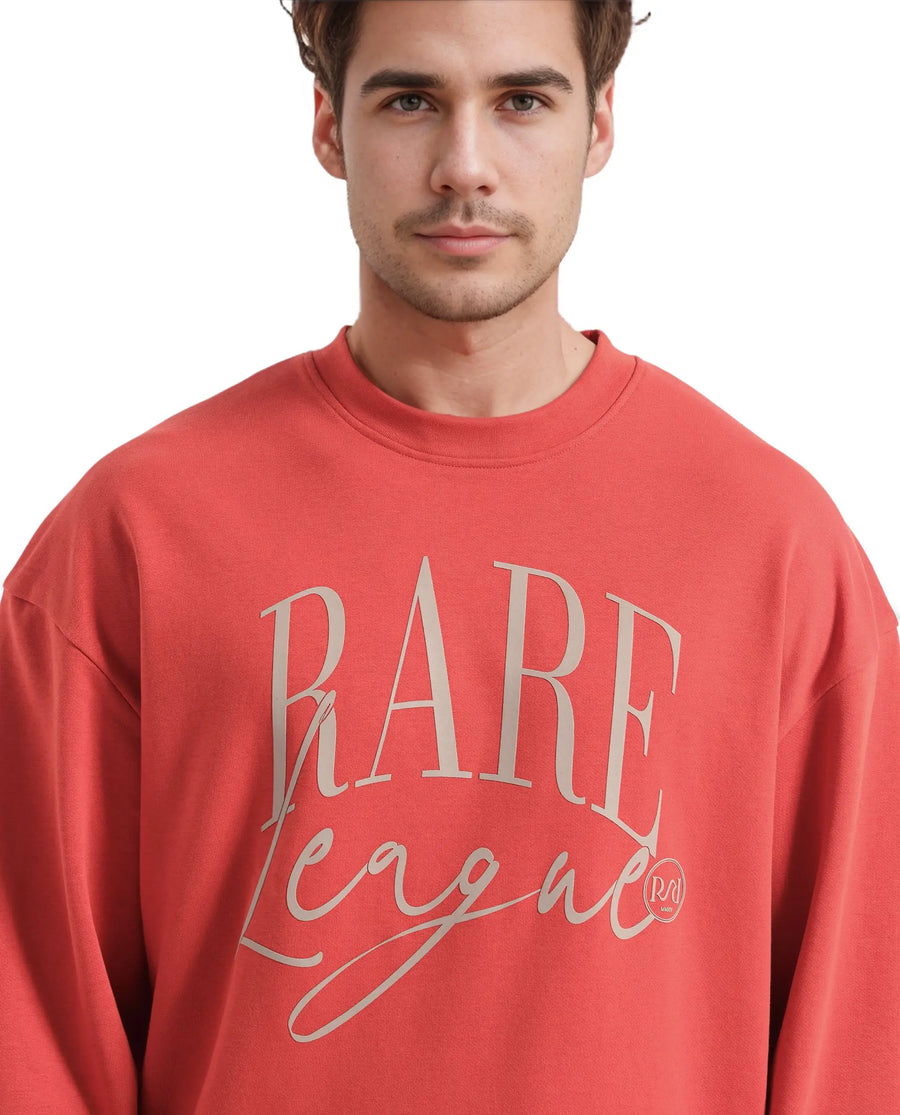 Rare Rabbit Men's Emro Orange Cotton Blend Printed Oversized Fit Full Sleeve Crew Neck Sweatshirt