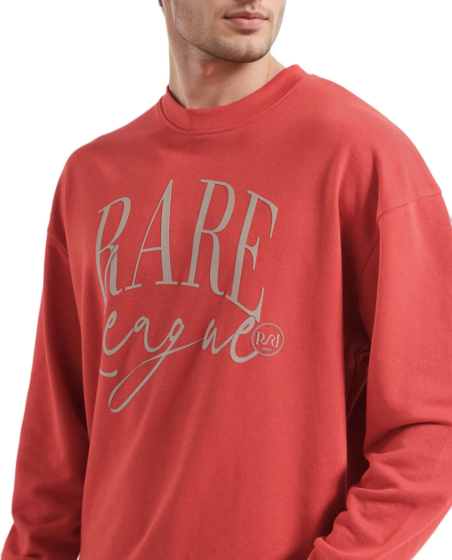 Rare Rabbit Men's Emro Orange Cotton Blend Printed Oversized Fit Full Sleeve Crew Neck Sweatshirt