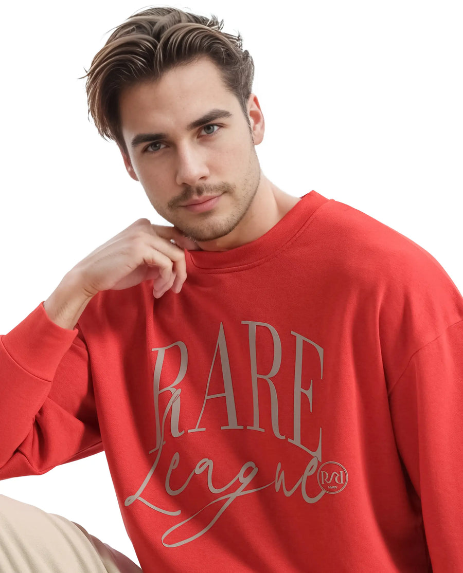 Rare Rabbit Men's Emro Orange Cotton Blend Printed Oversized Fit Full Sleeve Crew Neck Sweatshirt