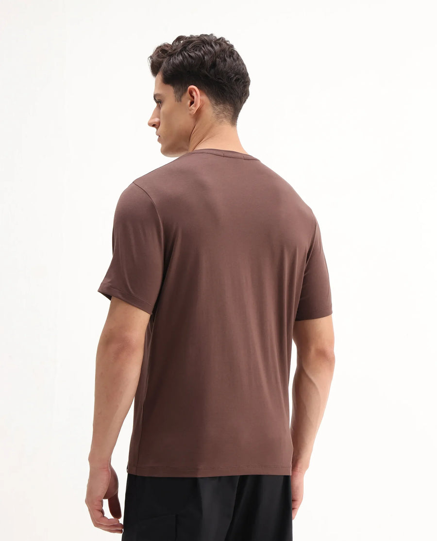Rare Rabbit Men's Enc Dusky Brown Cotton Blend Graphic Print Regular Fit Half Sleeve Crew Neck T-Shirt