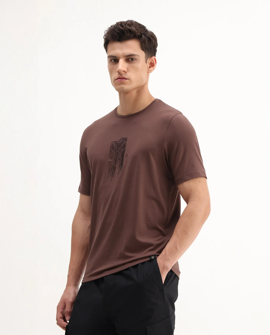 Rare Rabbit Men's Enc Dusky Brown Cotton Blend Graphic Print Regular Fit Half Sleeve Crew Neck T-Shirt