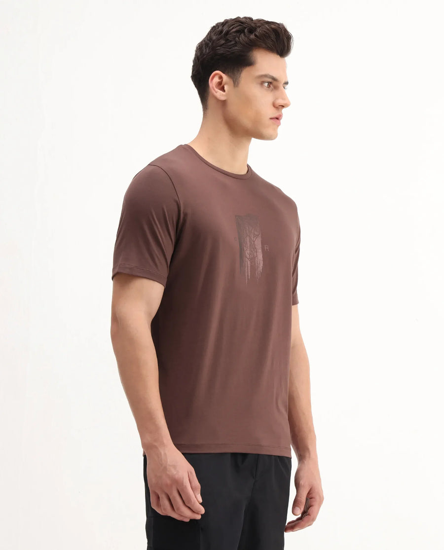 Rare Rabbit Men's Enc Dusky Brown Cotton Blend Graphic Print Regular Fit Half Sleeve Crew Neck T-Shirt
