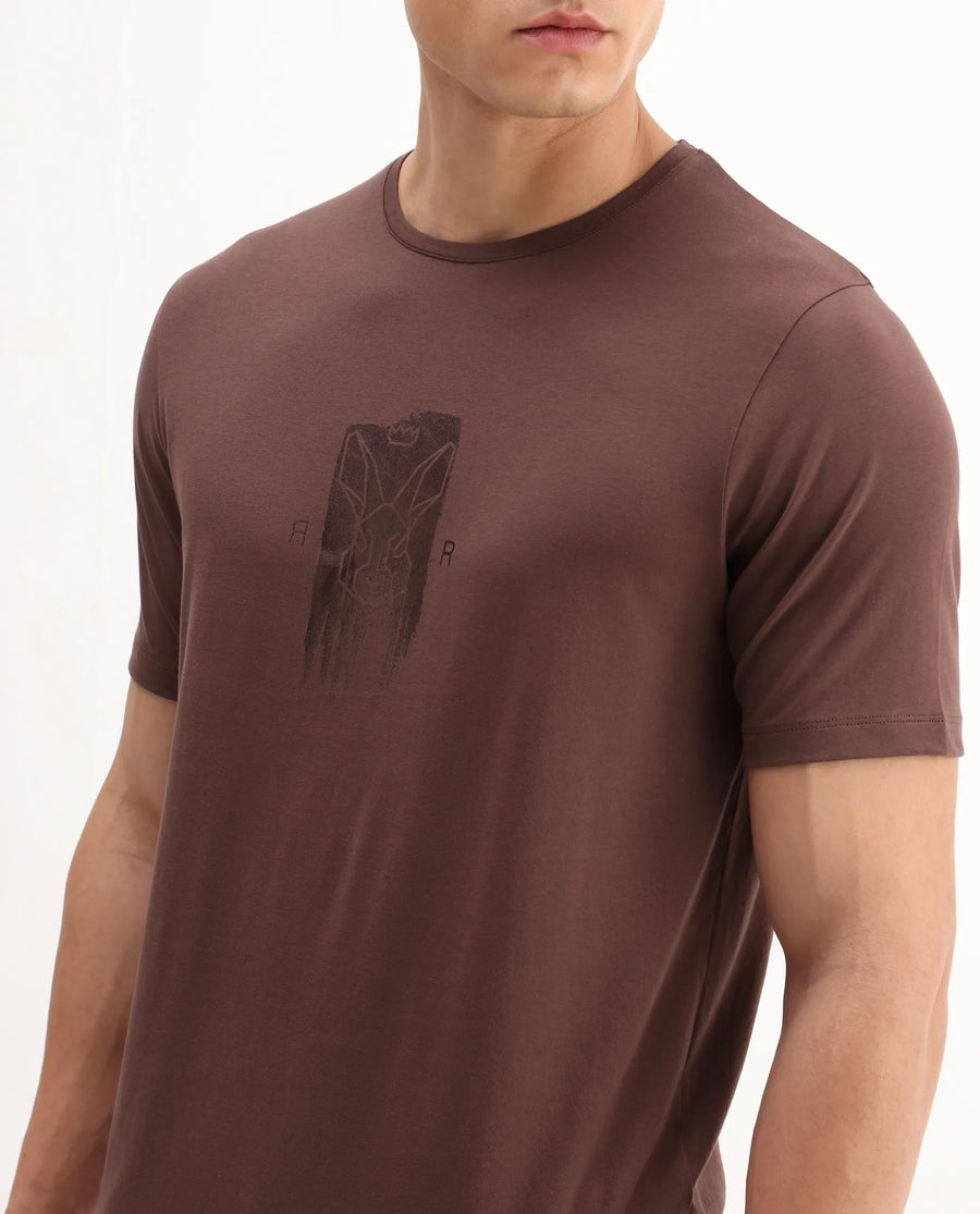 Rare Rabbit Men's Enc Dusky Brown Cotton Blend Graphic Print Regular Fit Half Sleeve Crew Neck T-Shirt