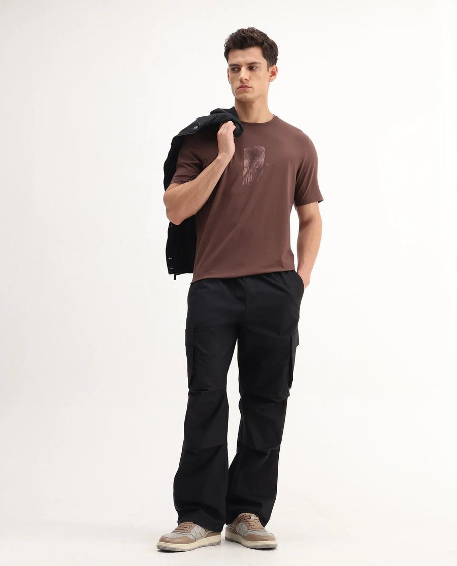Rare Rabbit Men's Enc Dusky Brown Cotton Blend Graphic Print Regular Fit Half Sleeve Crew Neck T-Shirt