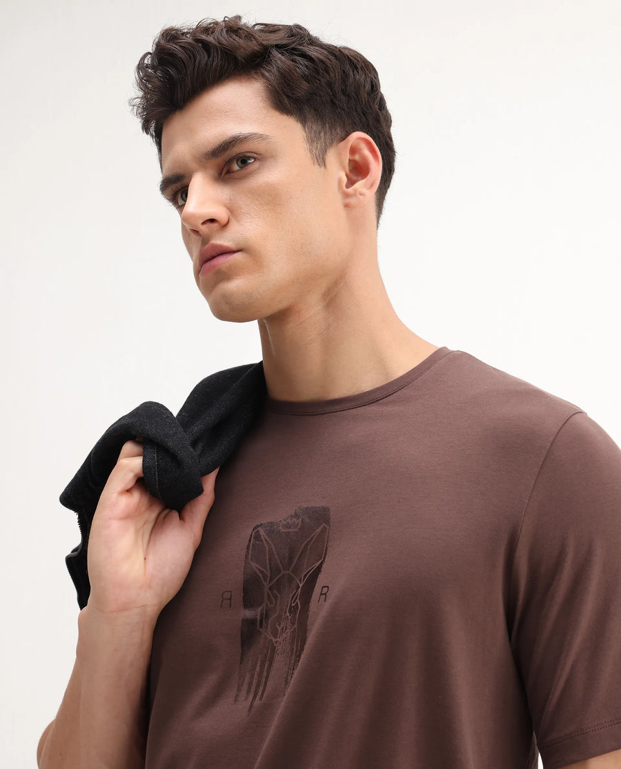 Rare Rabbit Men's Enc Dusky Brown Cotton Blend Graphic Print Regular Fit Half Sleeve Crew Neck T-Shirt