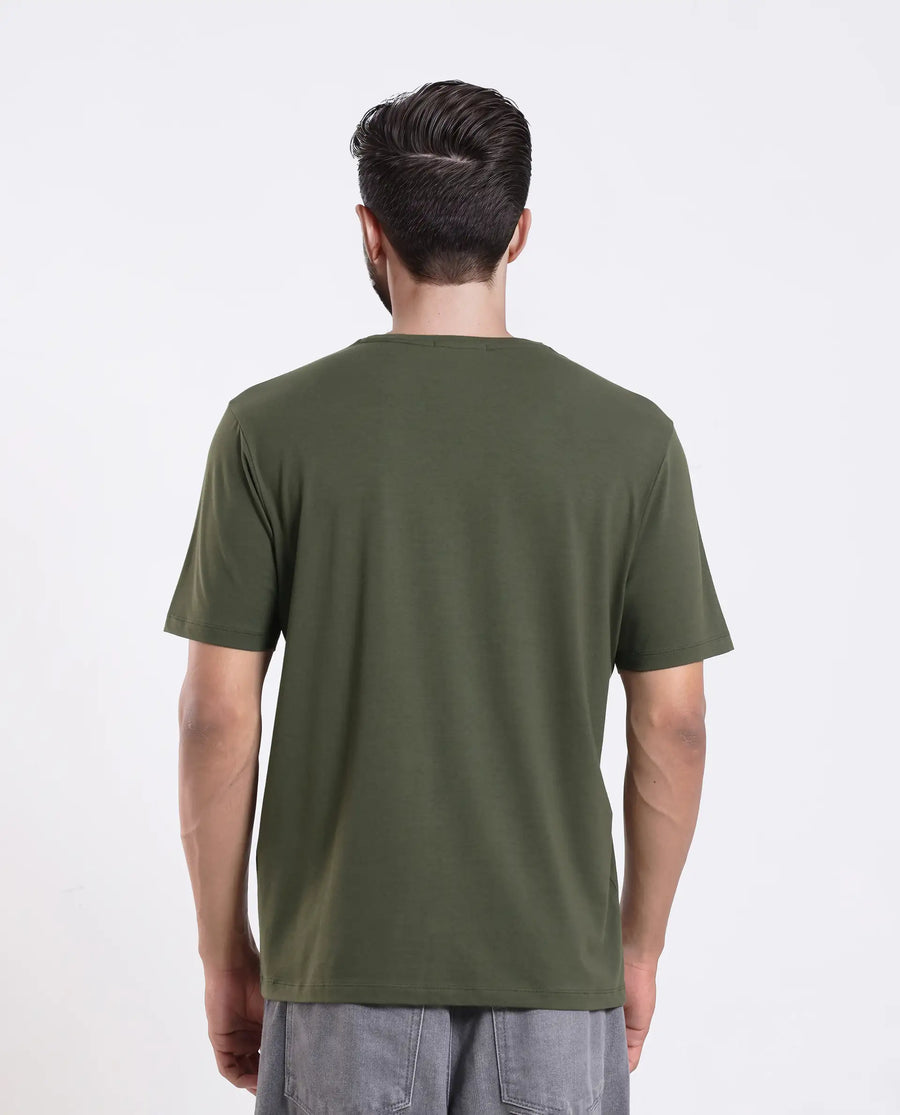 Rare Rabbit Men's Enc Olive Cotton Blend Graphic Print Regular Fit Half Sleeve Crew Neck T-Shirt