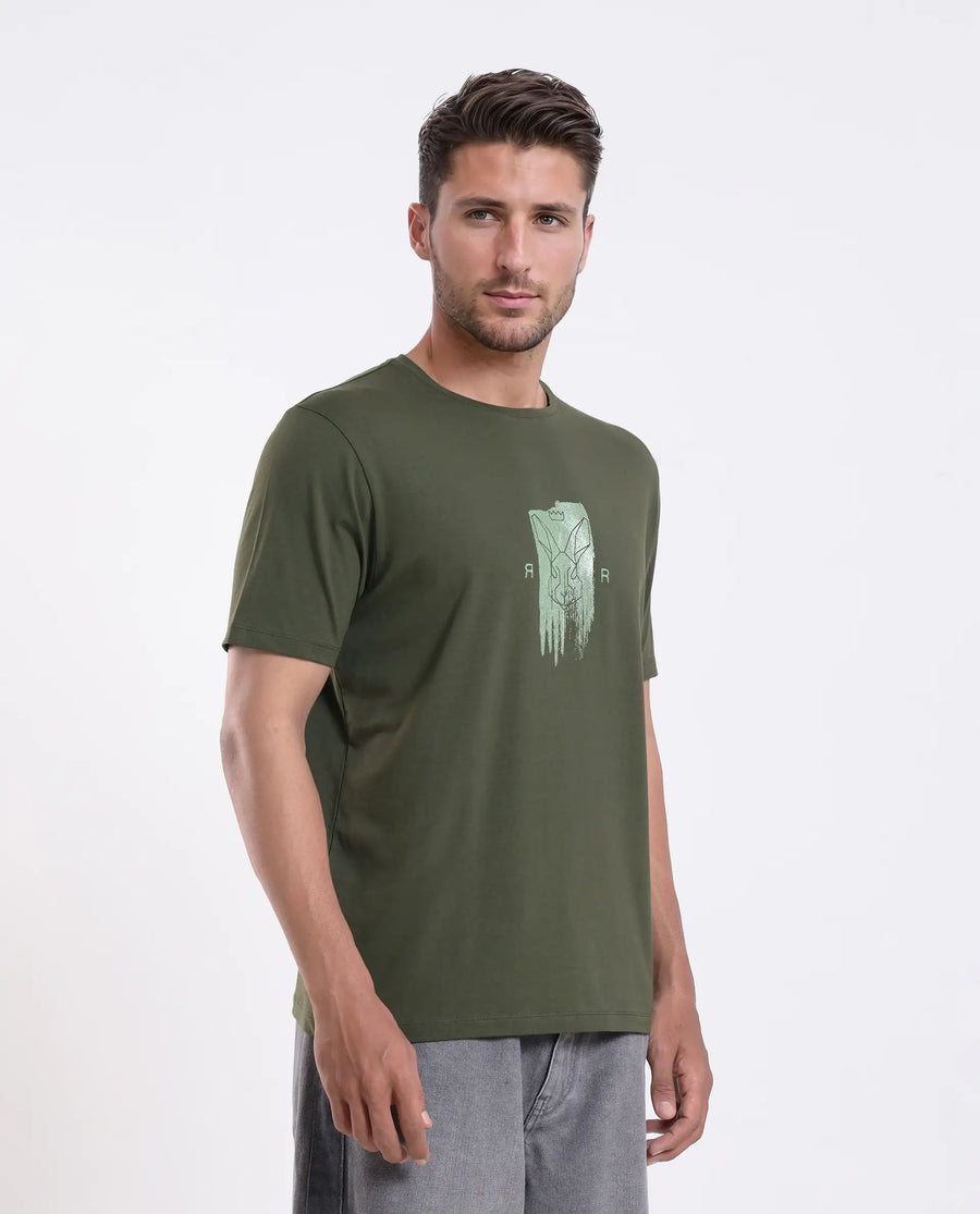 Rare Rabbit Men's Enc Olive Cotton Blend Graphic Print Regular Fit Half Sleeve Crew Neck T-Shirt