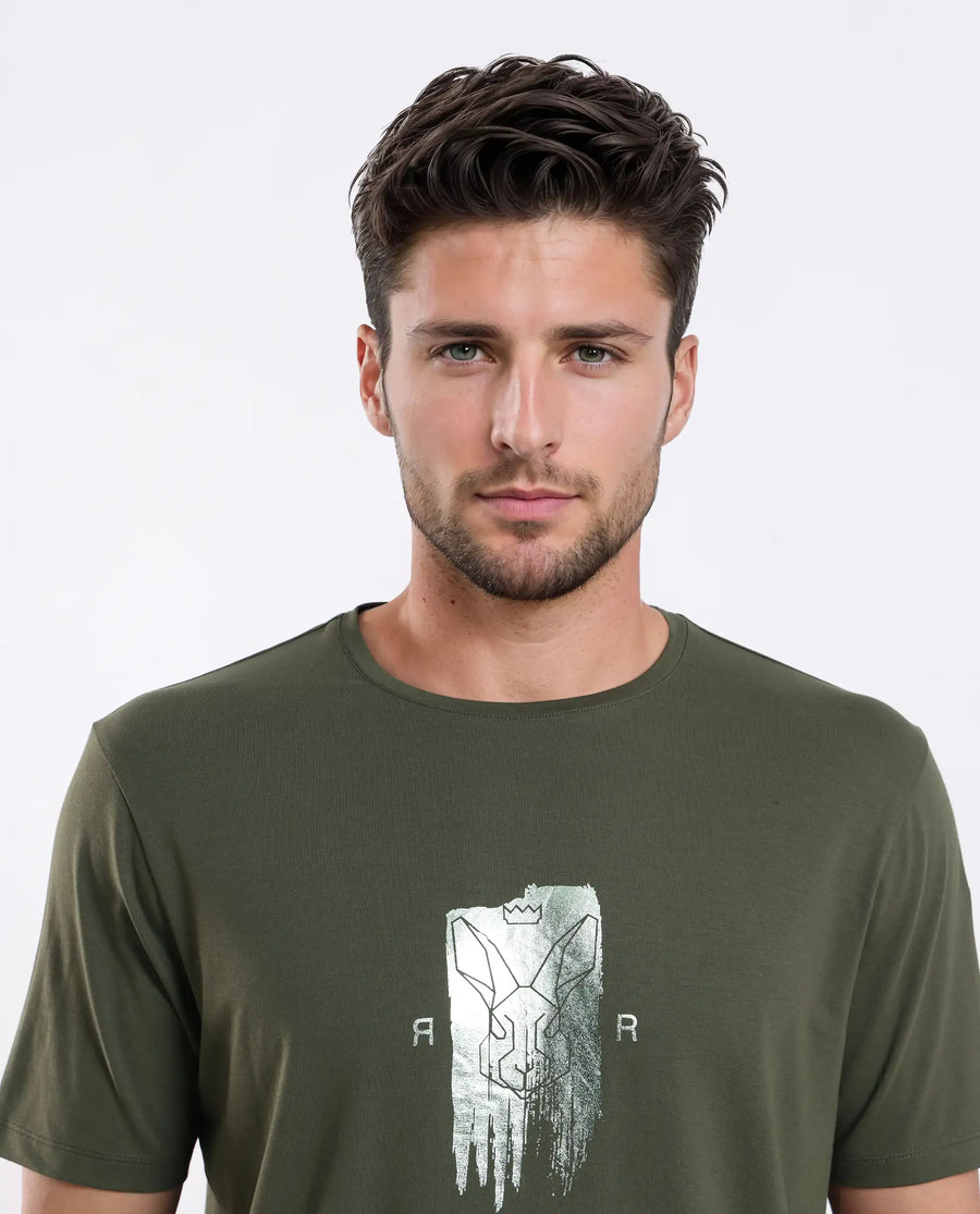 Rare Rabbit Men's Enc Olive Cotton Blend Graphic Print Regular Fit Half Sleeve Crew Neck T-Shirt