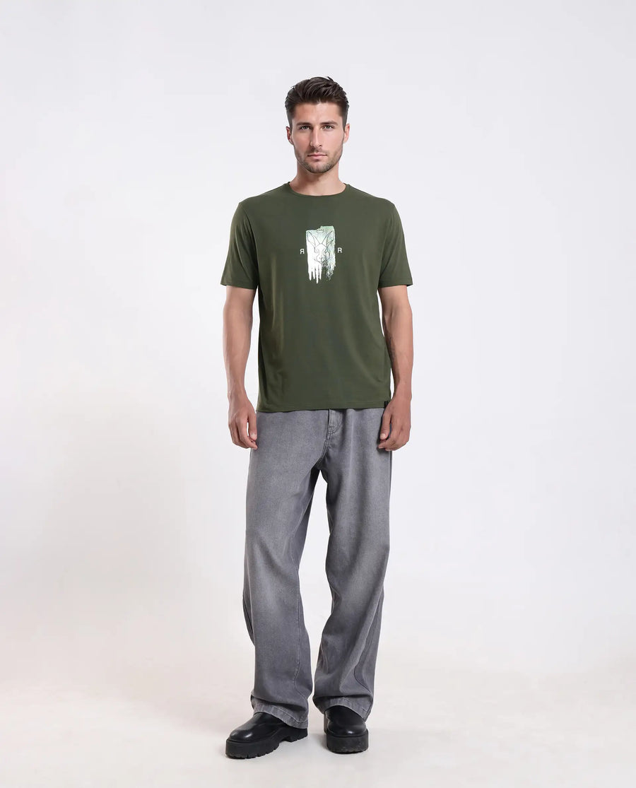 Rare Rabbit Men's Enc Olive Cotton Blend Graphic Print Regular Fit Half Sleeve Crew Neck T-Shirt