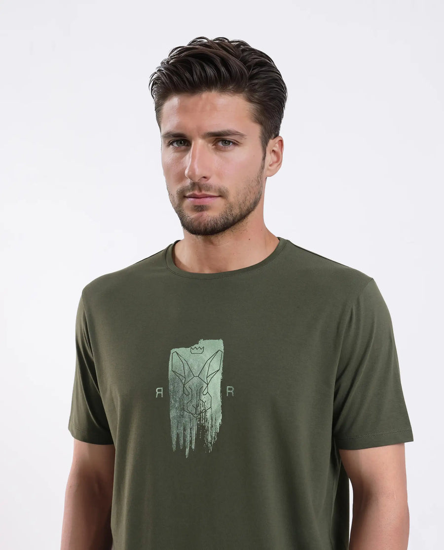 Rare Rabbit Men's Enc Olive Cotton Blend Graphic Print Regular Fit Half Sleeve Crew Neck T-Shirt