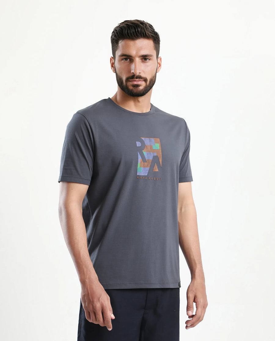 Rare Rabbit Men's Ene Dark Grey Cotton Blend Graphic Print Regular Fit Half Sleeve Crew Neck T-Shirt