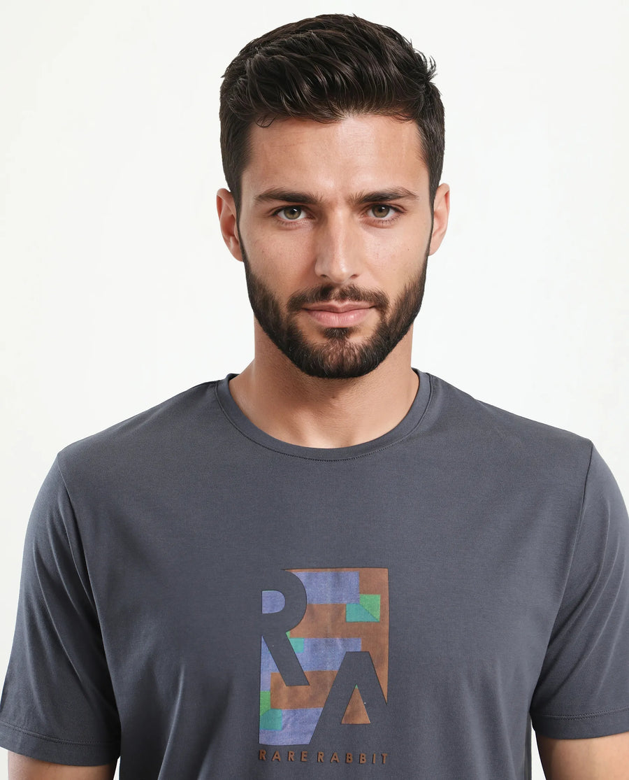 Rare Rabbit Men's Ene Dark Grey Cotton Blend Graphic Print Regular Fit Half Sleeve Crew Neck T-Shirt