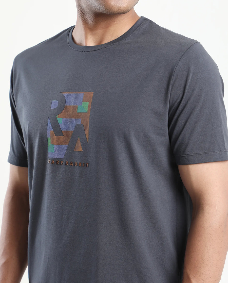 Rare Rabbit Men's Ene Dark Grey Cotton Blend Graphic Print Regular Fit Half Sleeve Crew Neck T-Shirt