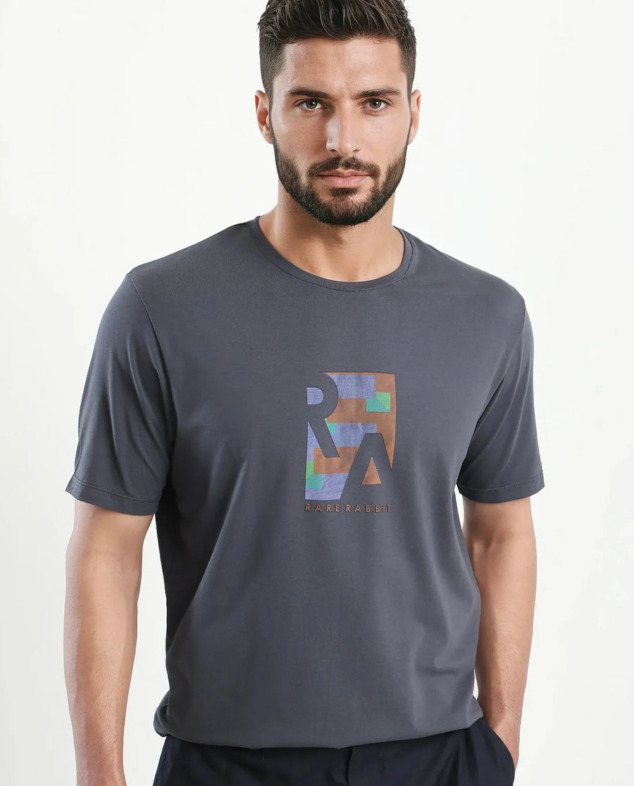 Rare Rabbit Men's Ene Dark Grey Cotton Blend Graphic Print Regular Fit Half Sleeve Crew Neck T-Shirt
