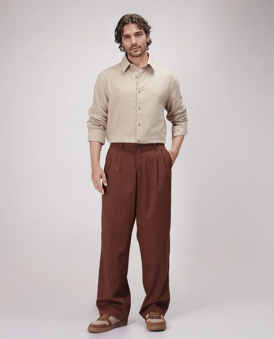 Rare Rabbit Men's Enim Beige Cotton Plain Relaxed Fit Full Sleeve Spread Collar Shirt