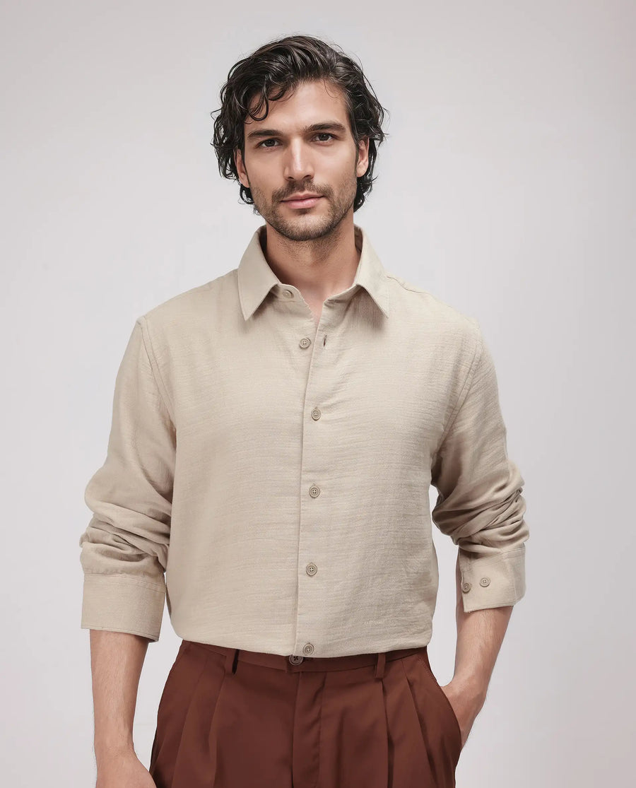 Rare Rabbit Men's Enim Beige Cotton Plain Relaxed Fit Full Sleeve Spread Collar Shirt