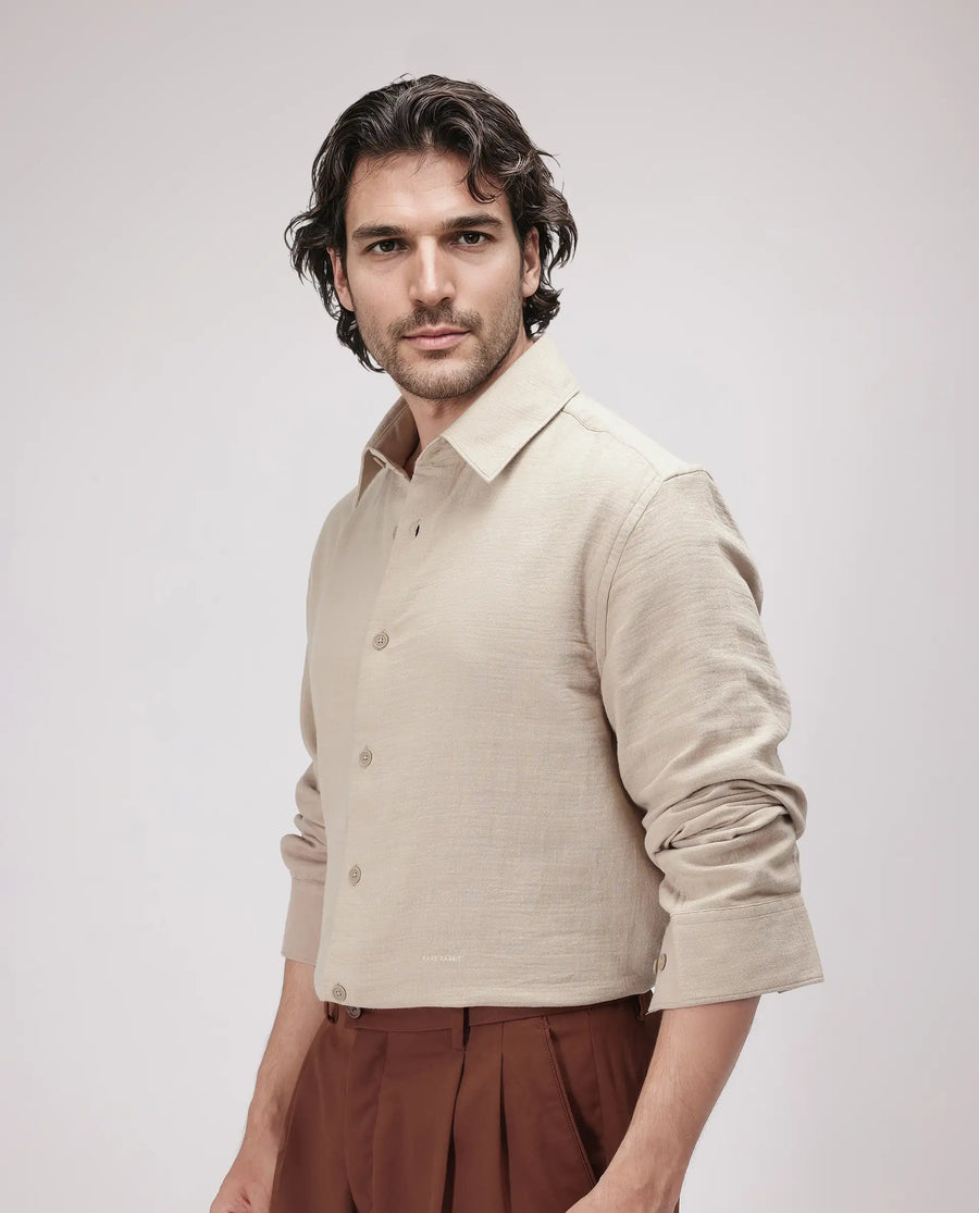 Rare Rabbit Men's Enim Beige Cotton Plain Relaxed Fit Full Sleeve Spread Collar Shirt