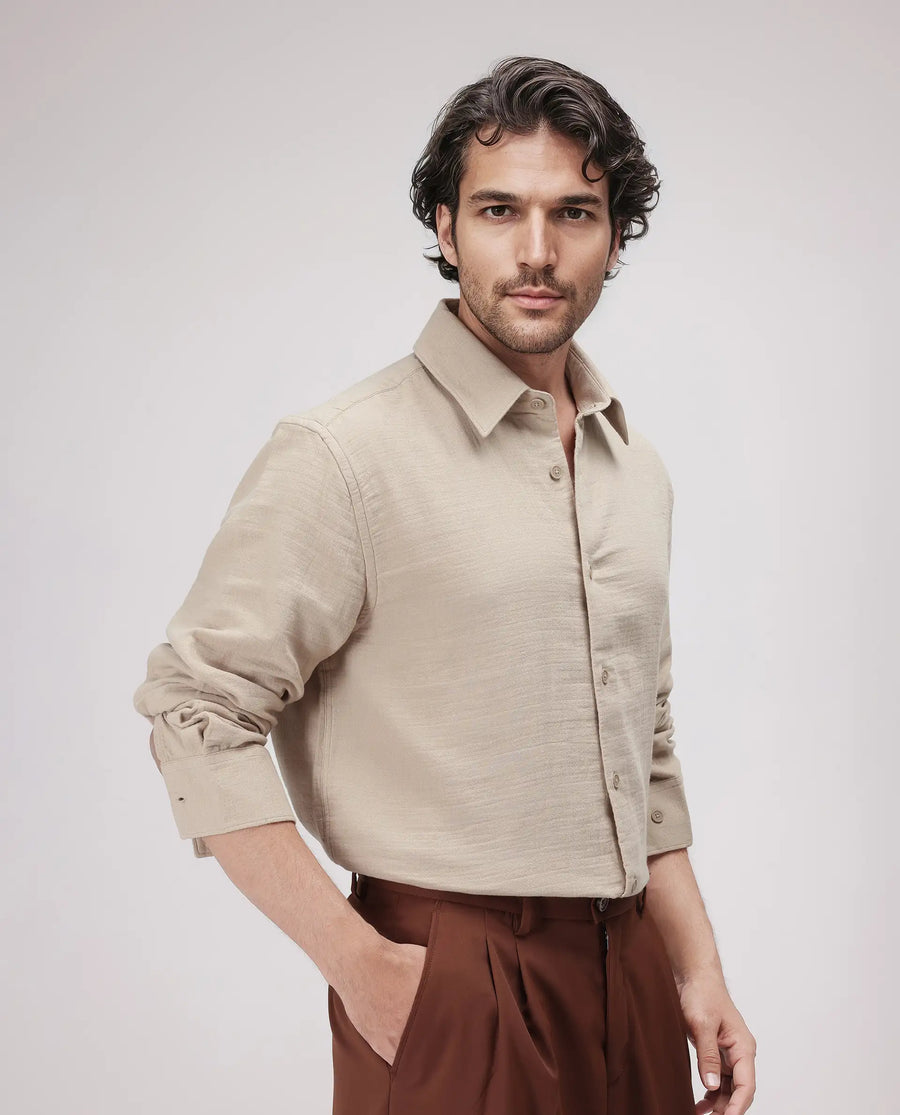 Rare Rabbit Men's Enim Beige Cotton Plain Relaxed Fit Full Sleeve Spread Collar Shirt