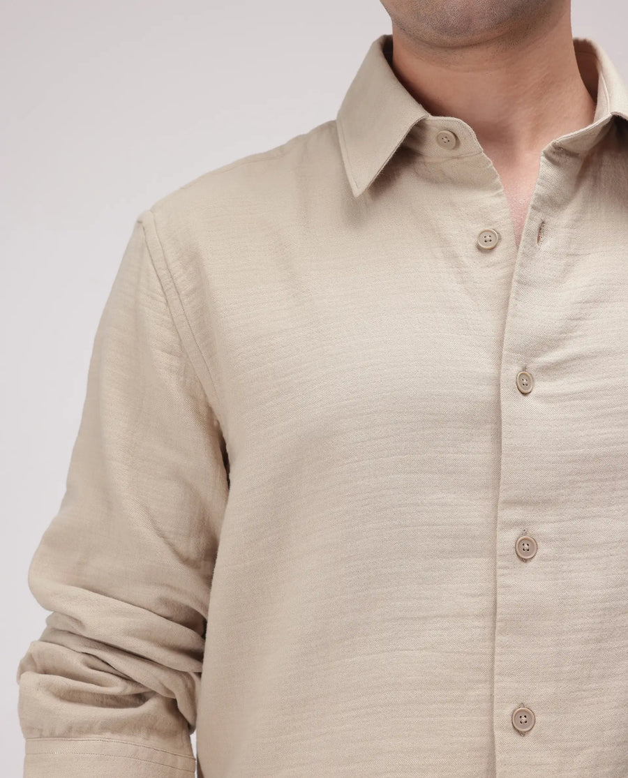 Rare Rabbit Men's Enim Beige Cotton Plain Relaxed Fit Full Sleeve Spread Collar Shirt