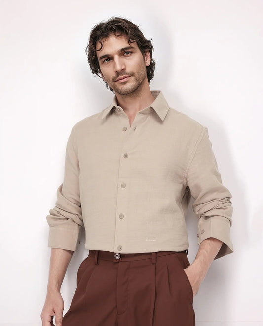 Rare Rabbit Men's Enim Beige Cotton Plain Relaxed Fit Full Sleeve Spread Collar Shirt