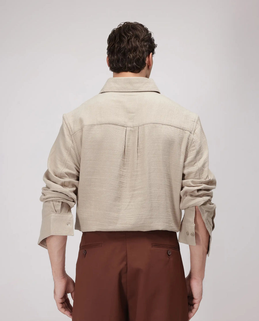 Rare Rabbit Men's Enim Beige Cotton Plain Relaxed Fit Full Sleeve Spread Collar Shirt