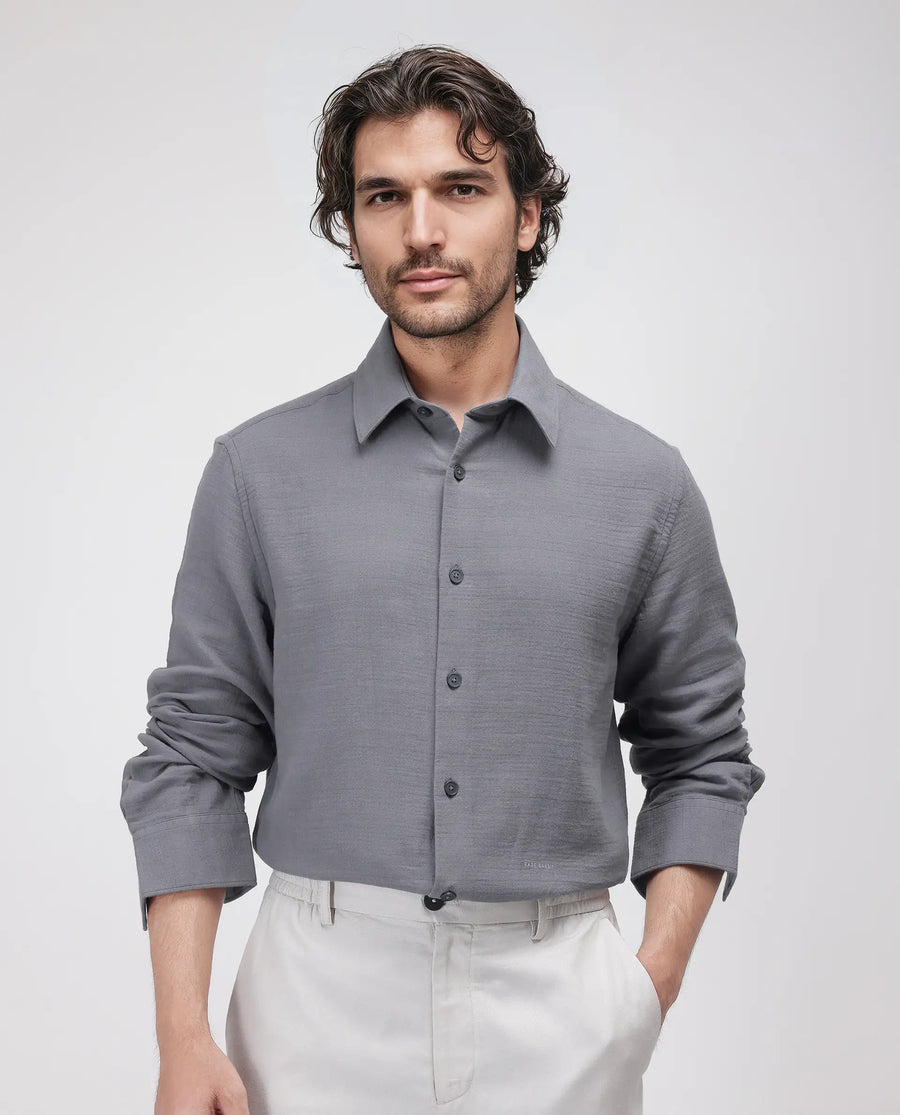 Rare Rabbit Men's Enim Dark Grey Cotton Plain Relaxed Fit Full Sleeve Collared Shirt