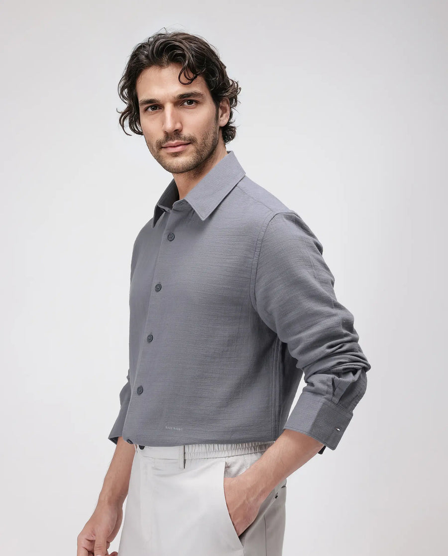 Rare Rabbit Men's Enim Dark Grey Cotton Plain Relaxed Fit Full Sleeve Collared Shirt
