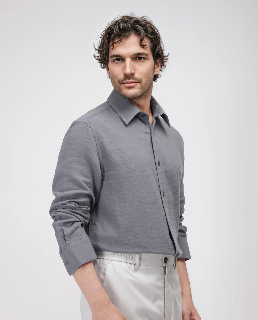 Rare Rabbit Men's Enim Dark Grey Cotton Plain Relaxed Fit Full Sleeve Collared Shirt