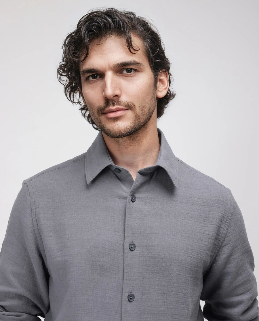 Rare Rabbit Men's Enim Dark Grey Cotton Plain Relaxed Fit Full Sleeve Collared Shirt